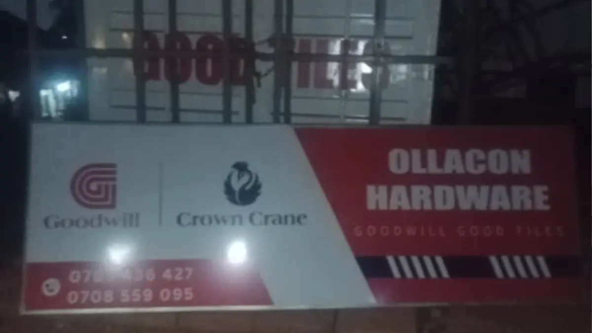 Installed framed signage above the hardware at Ollacon Hardware • Ssisa for the Goodwill and Crown Crane rollout